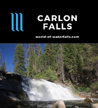 Carlon Falls is a tapered 35ft waterfall that flowed year-round, which makes it a nice place for a swim or a dip when the South Fork Tuolumne River is calm.