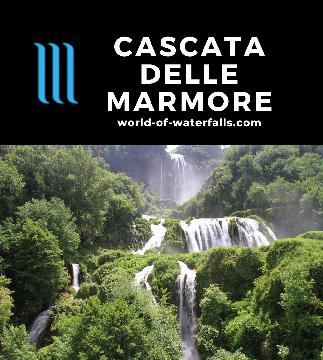 Cascata delle Marmore is a 165m regulated 3-tiered waterfall created by ancient Romans to solve a malaria issue but now generates electricity for Terni, Italy.