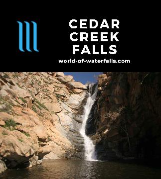 Cedar Creek Falls is an 80ft seasonal waterfall in San Diego County that can be accessed by two different trailheads each 6 miles round-trip requiring permits.
