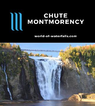 Chute Montmorency (or Montmorency Falls) is an 84m tall 46m wide regulated year-round waterfall on the Montmorency River easily visited by Quebec City, Canada.
