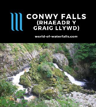 Conwy Falls (Rhaeadr y Graig Lwyd) is a 15m split waterfall that I visited on a short path to a lookout near Betws-y-Coed in Conwy County, North Wales.