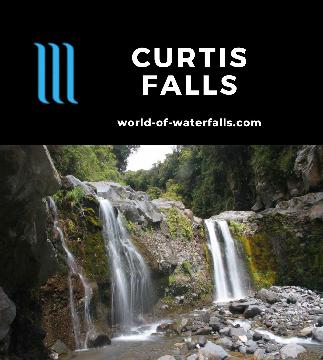 Curtis Falls is a 5-8m waterfall on the eastern slope of Mt Taranaki in New Zealand accessed by a 2.5-hour return walk with a boulder scramble at the end.