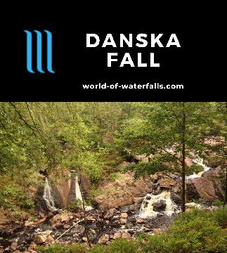 Danska Fall is a 10-15m waterfall (maybe up to 36m) on the Assman River with a bloody past but now features a beech forest near Halmstad, Halland, Sweden.