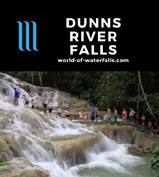 Dunns River Falls is a popular 180ft high 600ft long series of limestone play waterfalls ultimately dropping into the Caribbean Sea near Ocho Rios, Jamaica.