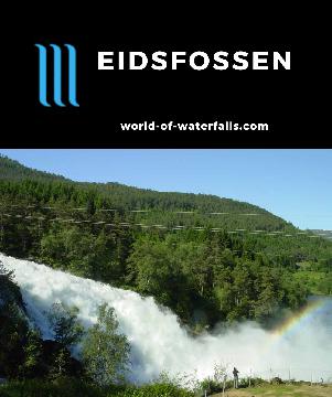 Eidsfossen is a powerful waterfall on the Storelva (Big River) despite some diversion for both hydropower and for a salmon ladder in Vestland County, Norway.
