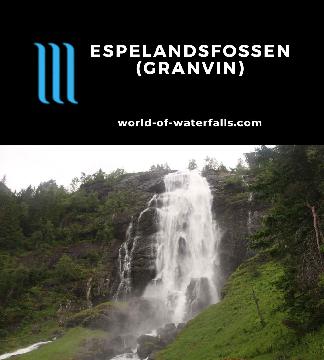 Espelandsfossen is a large waterfall overlooking the lake Espelandsvatnet in Granvin Municipality reachable by a short climbing trail in Vestland, Norway.
