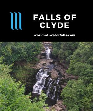 The Falls of Clyde are 3 waterfalls on the River Clyde (the largest is the 26m Cora Linn) all reached by a pleasant forest hike from New Lanark, Scotland.