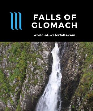Falls of Glomach is a 113m waterfall reached by a long 8- or 12-mile return hike in the Highlands of Scotland from Morvich or Dorusduain near Isle of Skye.