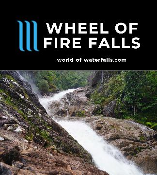 Wheel of Fire Falls is a twisting cascade concealing itself to all but the most adventurous hikers willing to cross creeks and do a dicey scramble or swim.