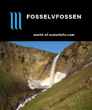 Fosselvfossen is a 64m free-leaping waterfall high above the Straumfjord near Storslett accessed by a steep 2km marked path into sheep grazing pastures.