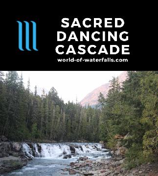 Sacred Dancing Cascade pertains to the wide river waterfall we saw just upstream from a footbridge spanning the McDonald Creek in Glacier National Park.
