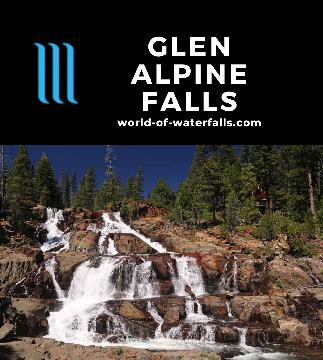 Glen Alpine Falls is a 75ft rivuleted roadside waterfall on Glen Alpine Creek tumbling over reddish rocks near Fallen Leaf Lake near South Lake Tahoe.