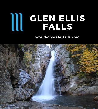 Glen Ellis Falls is a 64ft waterfall on the slopes of Mt Washington with a panoramic view at the brink towards the Fall colors in Pinkham Notch, New Hampshire.
