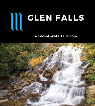 Glen Falls is a set of 3 waterfalls on Overflow Creek reached by a 2-mile RT upside-down hike surrounded by Fall colors in the Nantahala NF near Highlands, NC.
