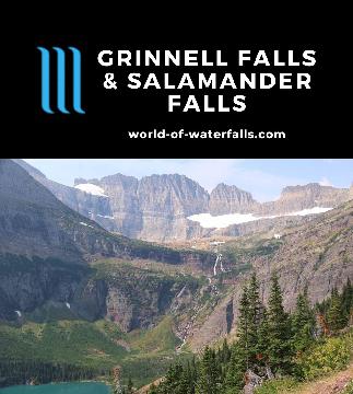 Grinnell Falls and Salamander Falls are the main waterfalls along the epic 11-mile round-trip Grinnell Glacier Hike in Glacier NP's Many Glacier Valley.