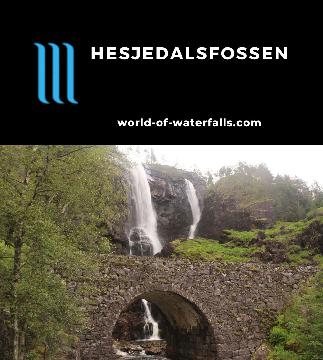 Hesjedalsfossen is a 70m dual waterfall facing the Osterfjord on the narrow road near Eidslandet in the Vaksdal Municipality of Vestland County, Norway.