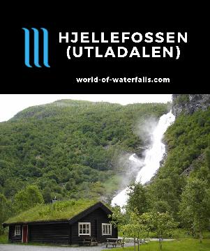 Hjellefossen is a 240m roadside waterfall on the Hjelledøla in the Utladal Valley, a valley that has the highest concentration of untamed waterfalls in Norway.