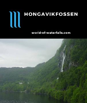 Hongavikfossen is a conspicuous roadside waterfall spilling 155m over a tunnel into the Saudafjord in the Suldal Municipality of Rogaland County, Norway.