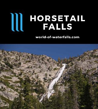 Horsetail Falls is a 500-800ft cascading waterfall requiring route-finding and scrambling in the Desolation Wilderness near South Lake Tahoe, California.