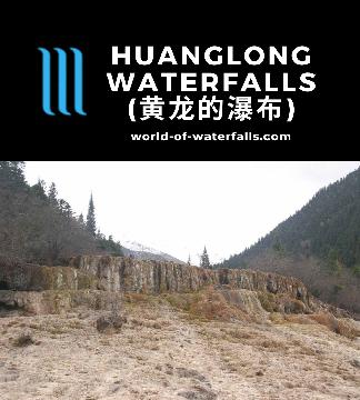 The Huanglong Waterfalls are seasonal falls tumbling between the pools held up by yellow 'dragon' travertine dams of China's Huanglong National Scenic Reserve.