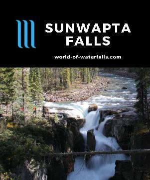 Sunwapta Falls is an 18.5m high waterfall on the Sunwapta River with lookouts experienced within 15 minutes from the car park in Jasper National Park, Canada.
