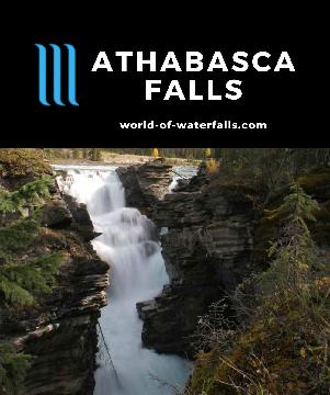 Athabasca Falls is a 23m waterfall on the Athabasca River that we found to be easy to see and memorable with a pretty mountain backdrop in Jasper National Park.