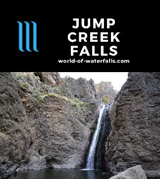 Jump Creek Falls is 50ft waterfall in a tall rocky canyon full of hidden grottos and arches reached by a short hike near Marsing, Idaho, by the Oregon border.