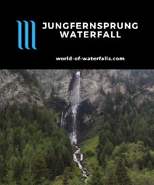 Jungfernsprung Waterfall is a 130m plunging falls on Zopenitzenbach (the creek's name is Slovenian) right by the Grossglockner High Alpine Road in Austria.