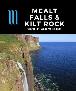 Mealt Falls is a 55m waterfall plunging right into the Sound of Raasay backed by the aptly-named Kilt Rock from the same lookout in Scotland's Isle of Skye.