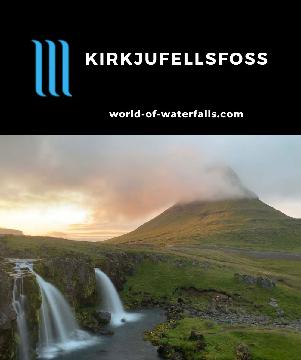 Kirkjufellsfoss ('Church Mountain Falls') is a short but well-situated waterfall often seen with Mt Kirkjufell on the north side of the Snæfellsnes Peninsula.