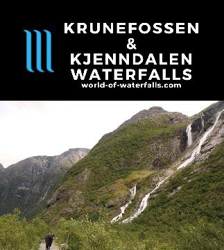 Krunefossen is a 220-480m waterfall growing with the melting Krunebreen Glacier, which is by Kjenndalsbreen Glacier at the head of Kjenndalen by Loen, Norway.