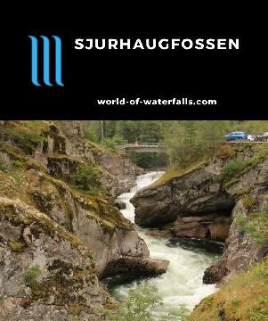 Sjurhaugfossen is a 5-15m tall waterfall on Lærdalselvi in a narrow canyon seen from Kongevegen (Royal Road) near the Borgund Stave Church near Lærdal, Norway.
