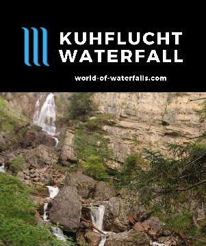 Kuhflucht Waterfalls (Kuhfluchtwasserfälle) are a 270m set of falls tumbling from a spring (Kuhfluchtquelle) high up in the Bavarian Alps by Farchant, Germany.