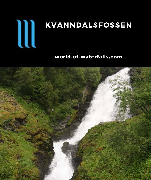 Kvanndalsfossen is a tumbling 70m snowmelt waterfall beneath the road to Geiranger eventually snaking by a campground in Møre og Romsdal County, Norway.