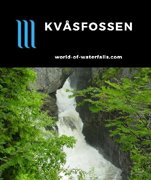 Kvasfossen (or Kvåsfossen) is a 36m waterfall split by a rock said to be placed there by a troll trying to control the salmon run in Agder County, Norway.