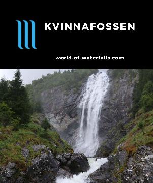 Kvinnafossen is a 120m roadside waterfall facing the vast Sognefjord (the longest fjord in the world) in the Leikanger Parish of Vestland County, Norway.