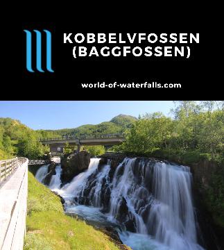 Kobbelvfossen (Baggfossen) is a roadside waterfall by the Kobbelv Vertshus cafe and guesthouse along the scenic E6 near Engan, Nordland County, Norway.