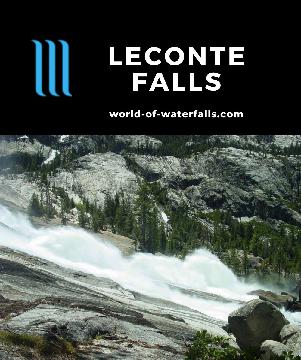 LeConte Falls is a long series of cascades on the Tuolumne River often mistaken for Waterwheel Falls because it has waterwheels on its steepest section.