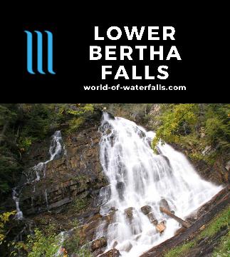 Lower Bertha Falls is an upside-down fan-shaped waterfall reached by a 5.4km return hike from Waterton with panoramas across Waterton Lake backed by tall peaks.