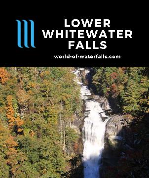 Lower Whitewater Falls is a 200ft waterfall in South Carolina that is smaller cross-border counterpart to Upper Whitewater Falls reached by a 4-mile RT hike.