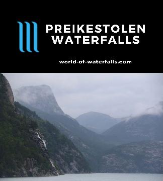 Preikestolen Waterfalls are the falls that we saw both on the 8km hike to famous Pulpit Rock and the Lysefjord Cruise to the Hengjane Falls in Rogaland, Norway.