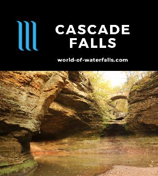 Cascade Falls is a seasonal 45ft waterfall in the dells downstream of Deer Park Lake in Matthiessen State Park west of Chicago in the north of Illinois.