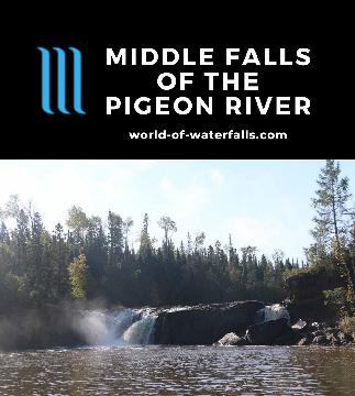 Middle Falls of the Pigeon River is a 20ft high 120ft wide waterfall 2.5 miles down the river from High Falls both of which are shared between USA and Canada.