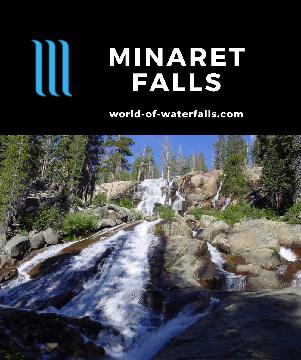 Minaret Falls is a 150ft spreading cascade (some say 300ft) just outside the boundaries of the Devils Postpile National Monument accessed by a 3-mile hike.