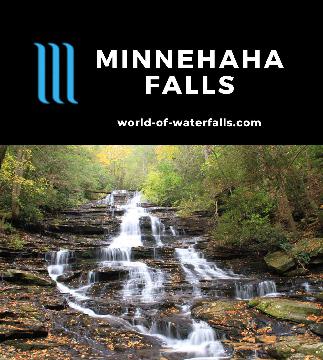 Minnehaha Falls is a 60-100ft stepping cascade with fall colors giving a photogenic quality that my wife likes to say has 'character' near Lake Rabun, Georgia.