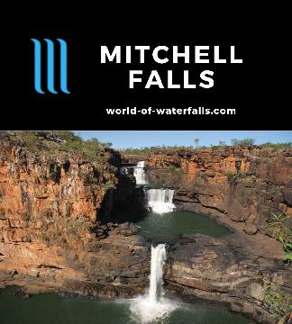 Mitchell Falls is a very remote four-tiered waterfall in the WA dropping 80m contrasting with red cliffs and accessed by rugged 2-day 4wd adventure or air.