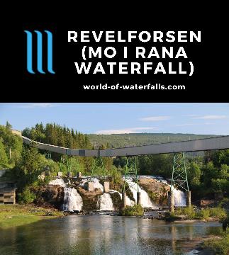 Revelforsen is a 12m waterfall on the Tverråga with a conspicuous flume running over it, which I easily noticed while driving in Mo i Rana, Nordland, Norway.