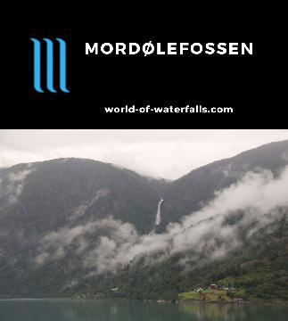 Mordolefossen (Mordølefossen) is a high an obscure waterfall noticeable across the Lustrafjord between Skjolden and Luster in Vestland County, Norway.