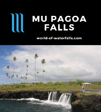 Mu Pagoa Waterfall is a 5m tall 15-20m wide falls on the Lata River spilling over an old lava flow right into the South Pacific Ocean off Savaii Island, Samoa.