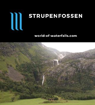 Strupenfossen and Nonfossen are glacier-fed waterfalls tumbling across from each other in the quiet agricultural valley of Myklebustdalen in Vestland, Norway.